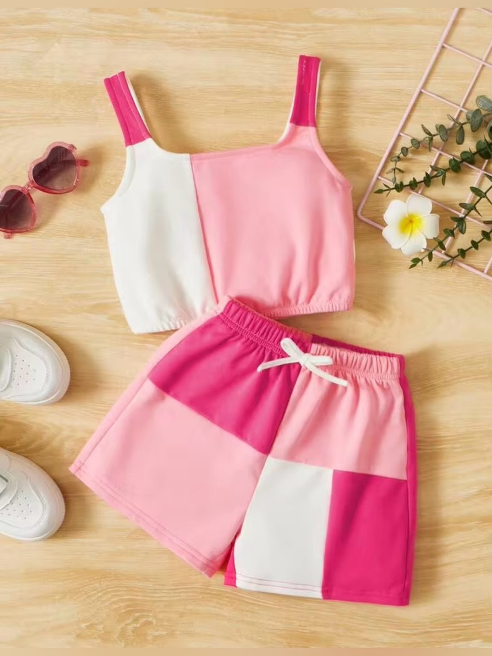 SHEIN Colorblock Cami Top & Shorts, White/Pink, Size S, EUC